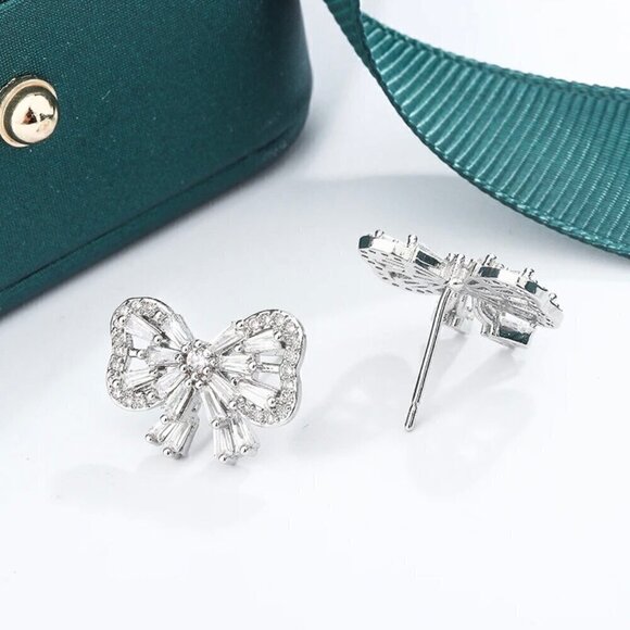 New 14K White Gold Plated Delicate Women’s CZ Pave Bow Stud Earrings - Picture 5 of 11